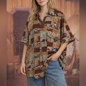 Vintage Y2K Abstract Patchwork Button-Up Shirt – Men’s XL Oversized